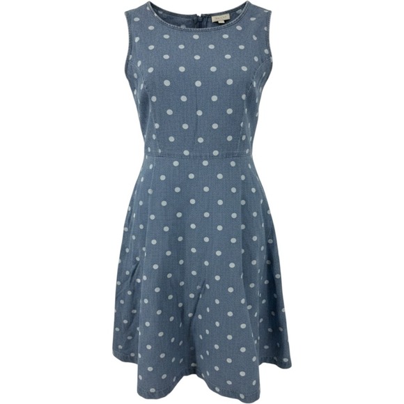 Talbots Dresses & Skirts - Talbots Blue Polka Dot Denim Cotton Sleeveless Fit Flare Pocket Dress 6P Petite